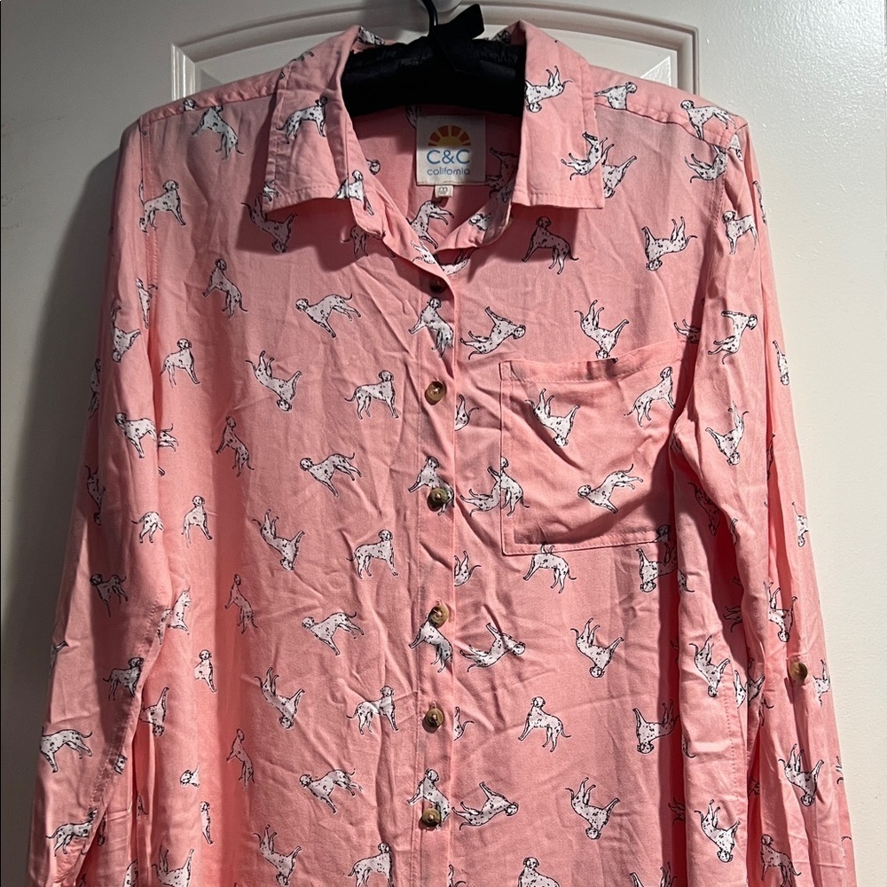 C&C California Dalmatian Dog Print Pink Button Down Shirt - Picture 3 of 8